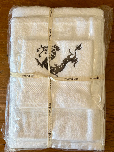 SPECIAL OFFER Set of 3 White Towels with Dark Grey Dragon