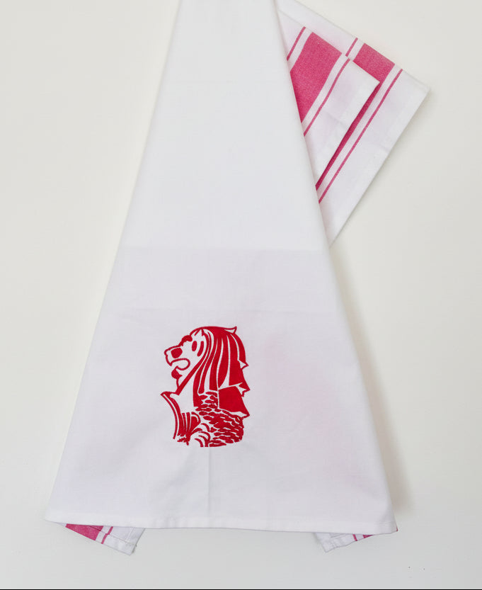 Tea Towel with Singapore Merlion embroidery in red colour