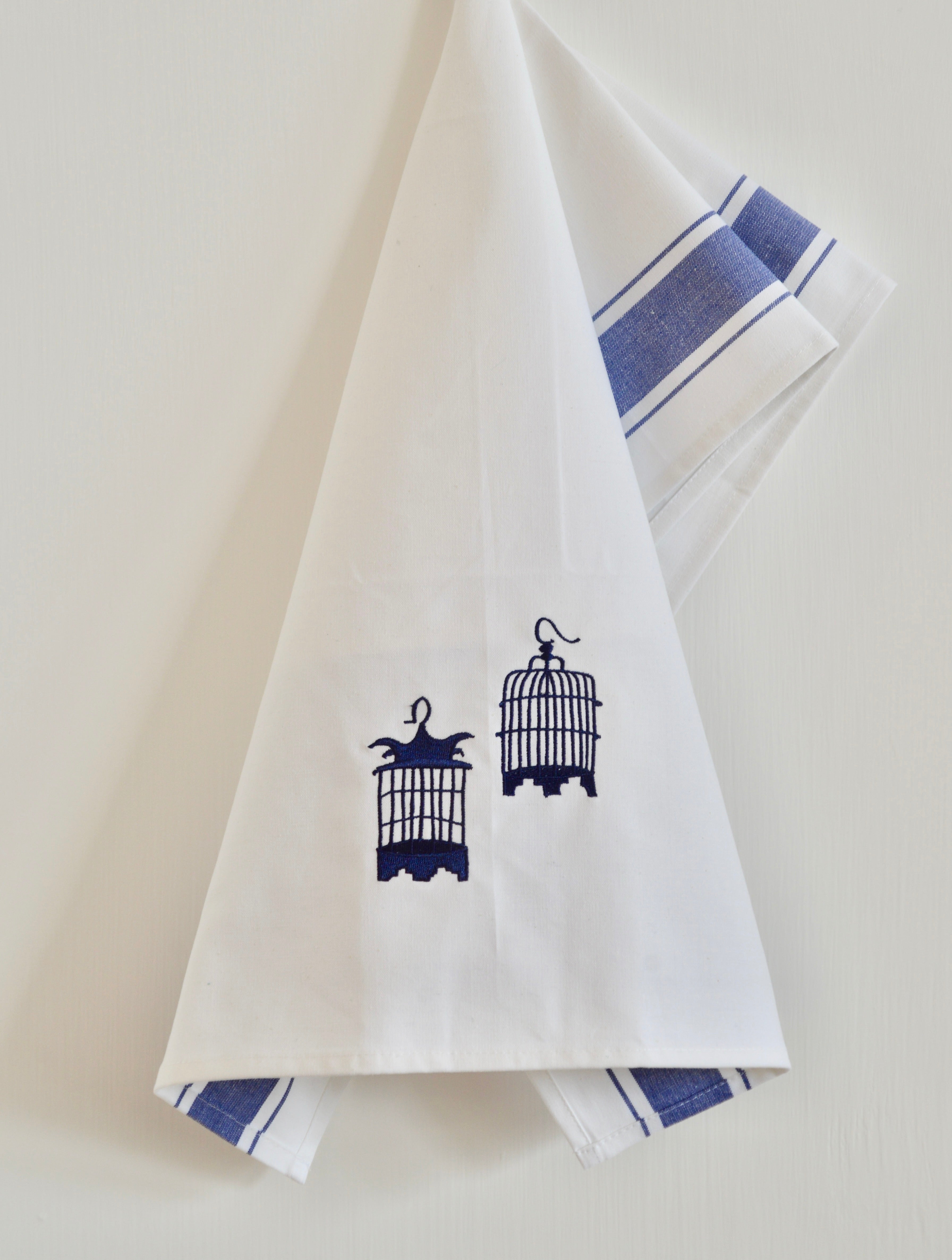 Tea towel with Blue Birdcages
