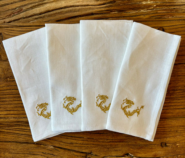 White Linen napkins with Dragon - Set of 4 pieces