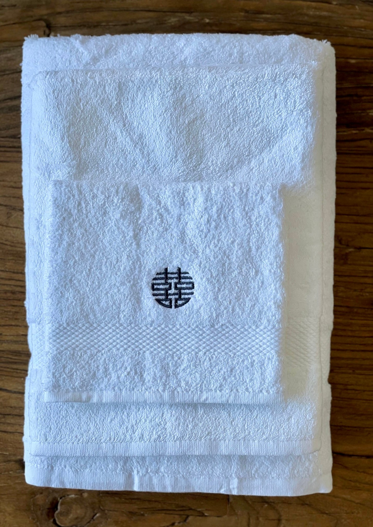 White Bath Sheet with Dark Grey Double-Happiness