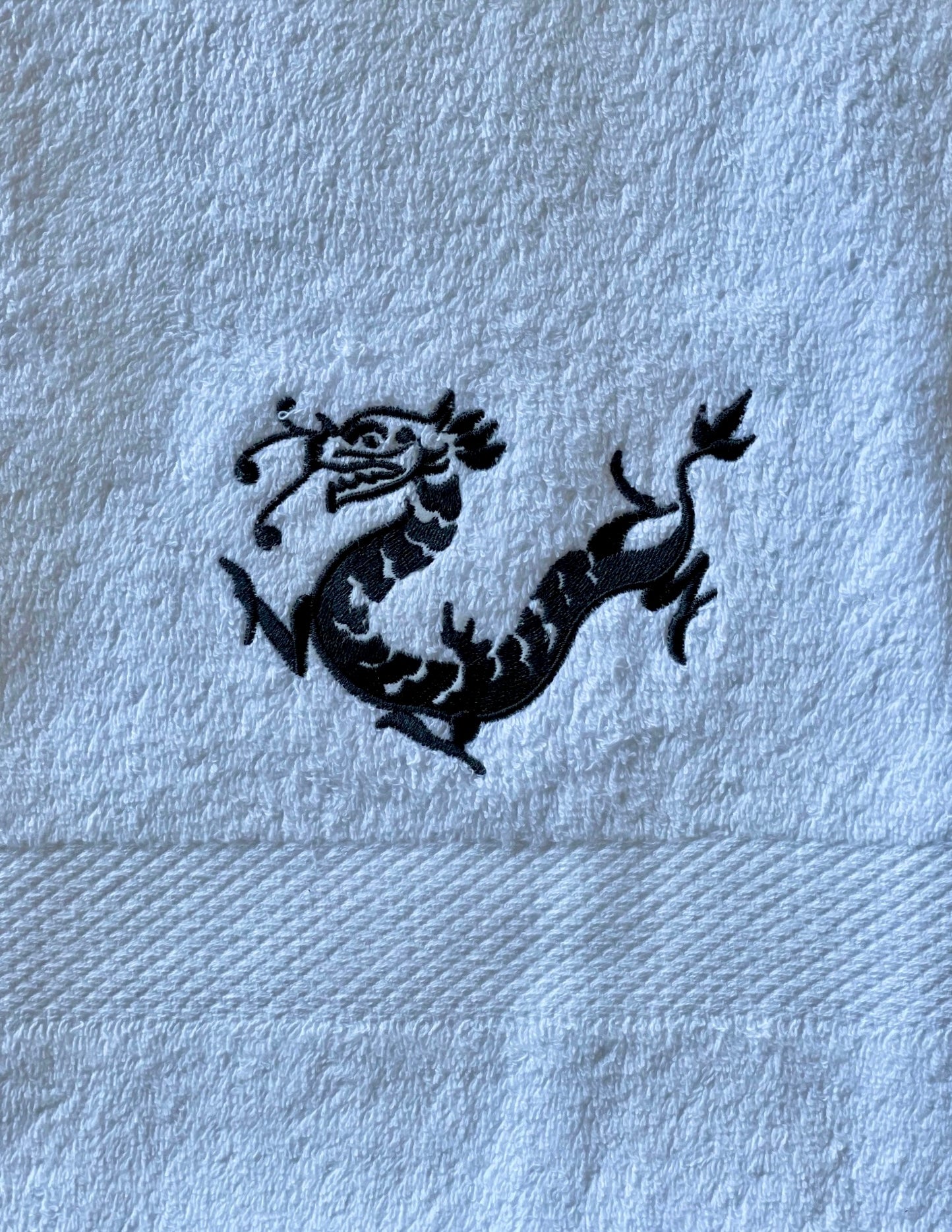 White Hand Towel with Dark Grey Dragon