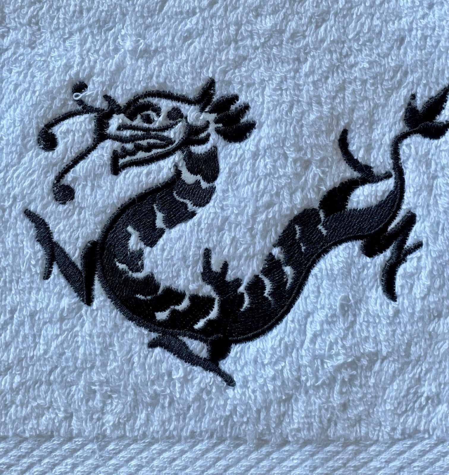 White Hand Towel with Dark Grey Dragon