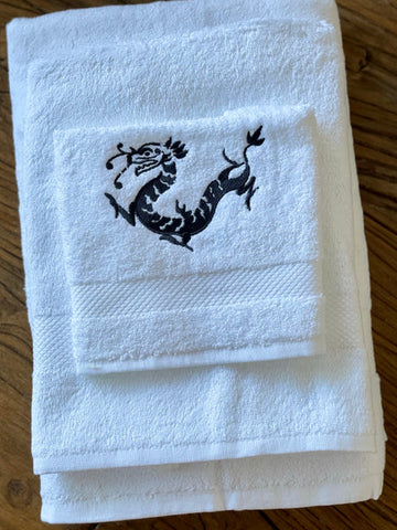 SPECIAL OFFER Set of 3 White Towels with Dark Grey Dragon