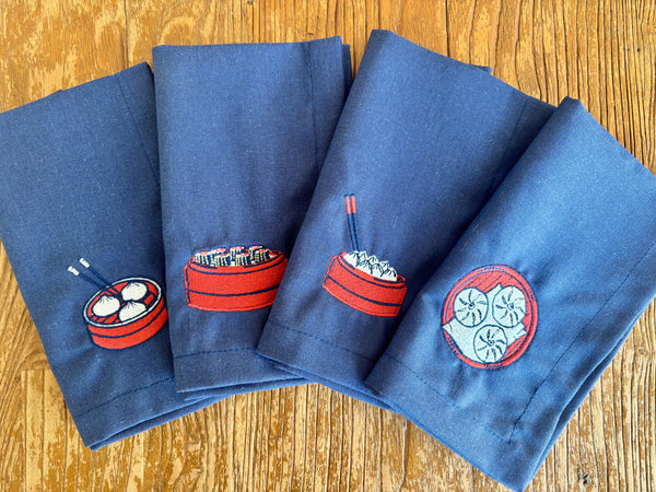 Set of 4 Blue Napkins with Dim Sum