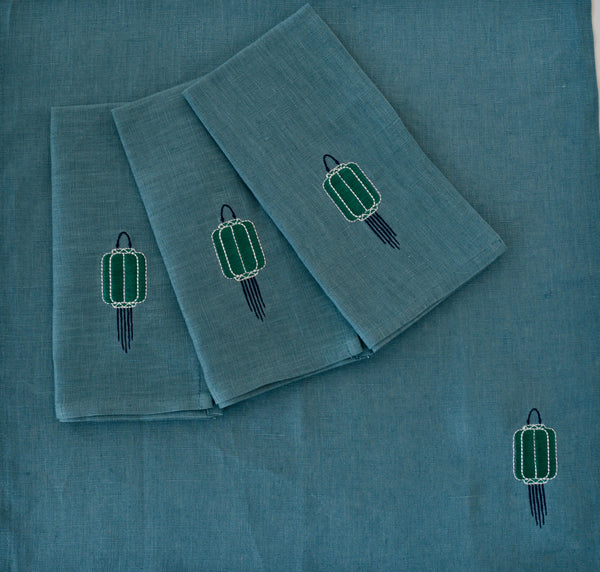 Petrol Blue Linen napkins with Lanterns - Set of 4 pieces