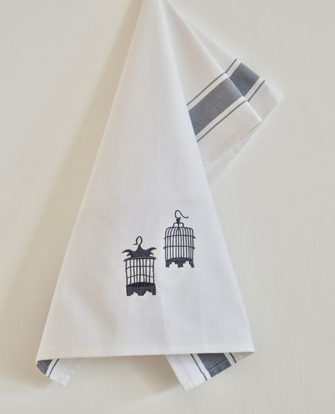 Tea towel with Grey Birdcages