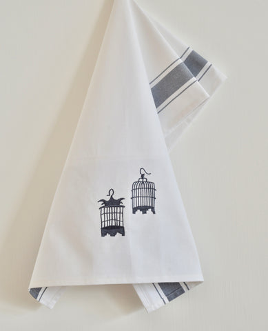 Tea towel with Grey Birdcages