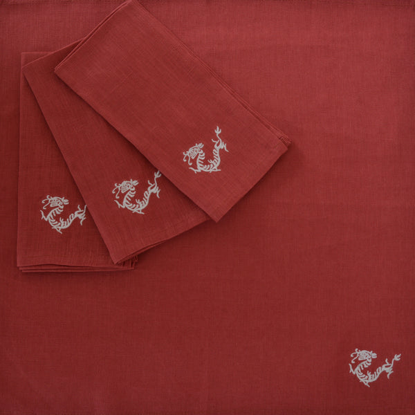 Red Linen napkins with Dragon - Set of 4 pieces