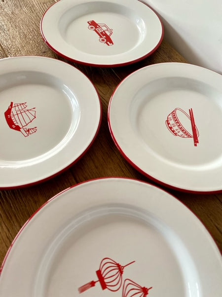 Set of 4 Red Enamel Plates